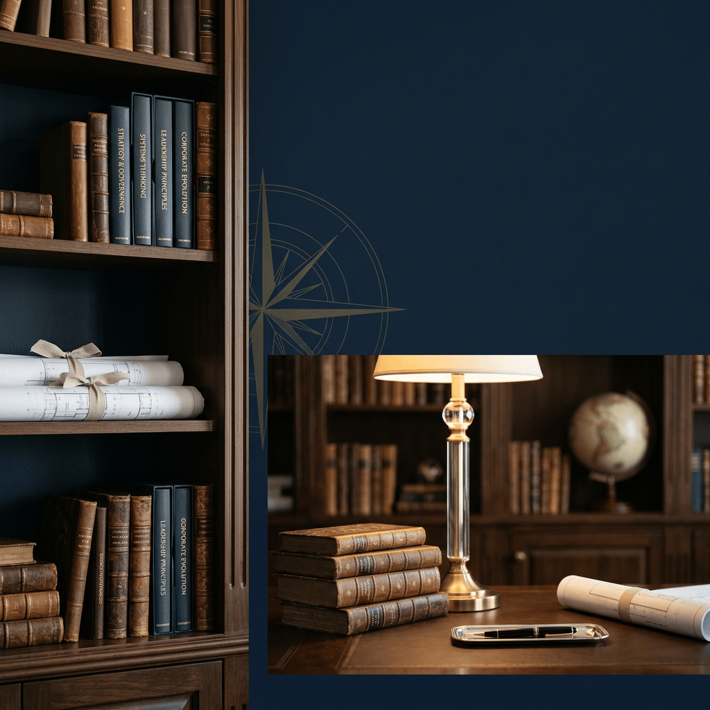 Bookshelves, desk lamp, globe, blueprints, and compass in a scholarly office