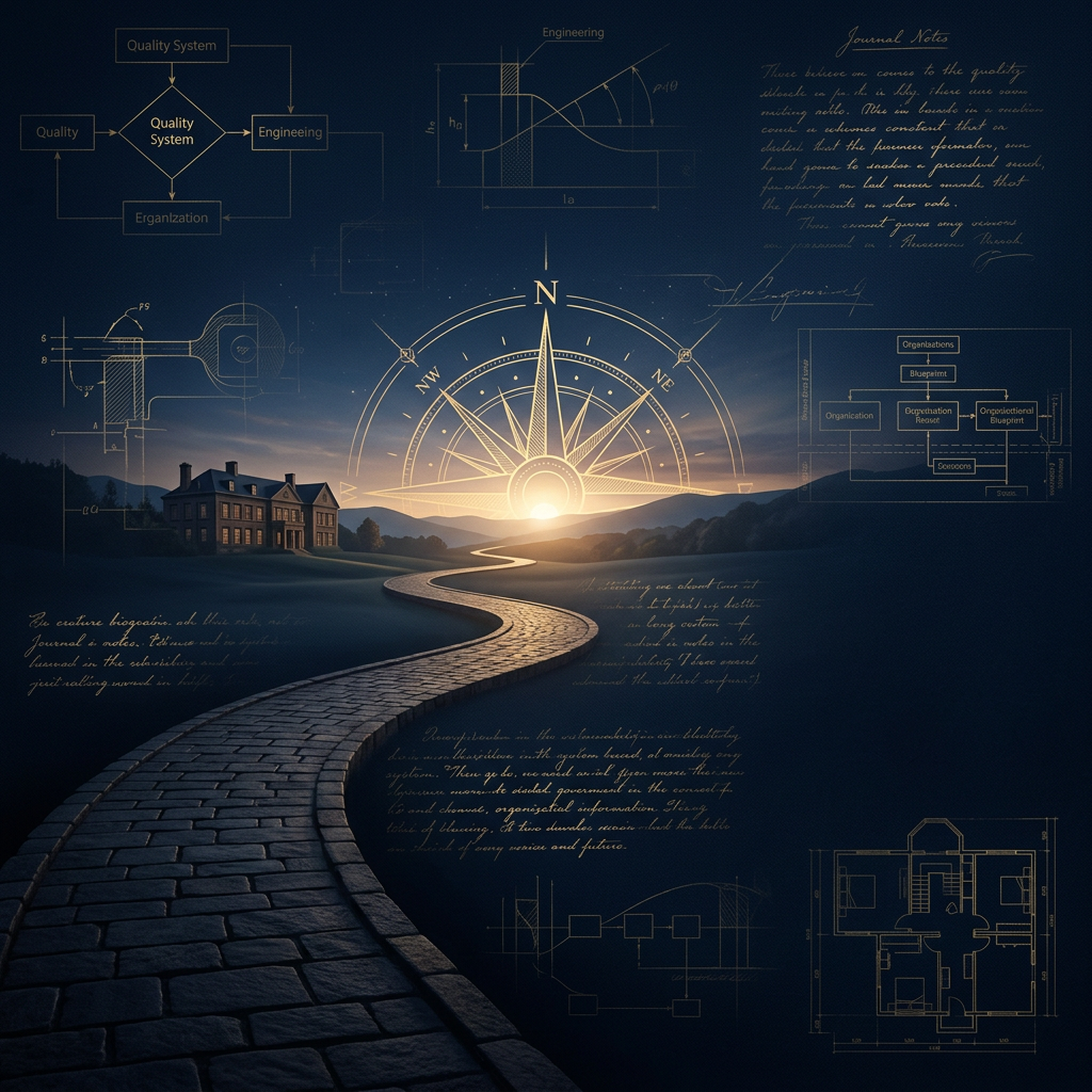 Winding cobblestone path leading toward sunrise beneath a large compass rose